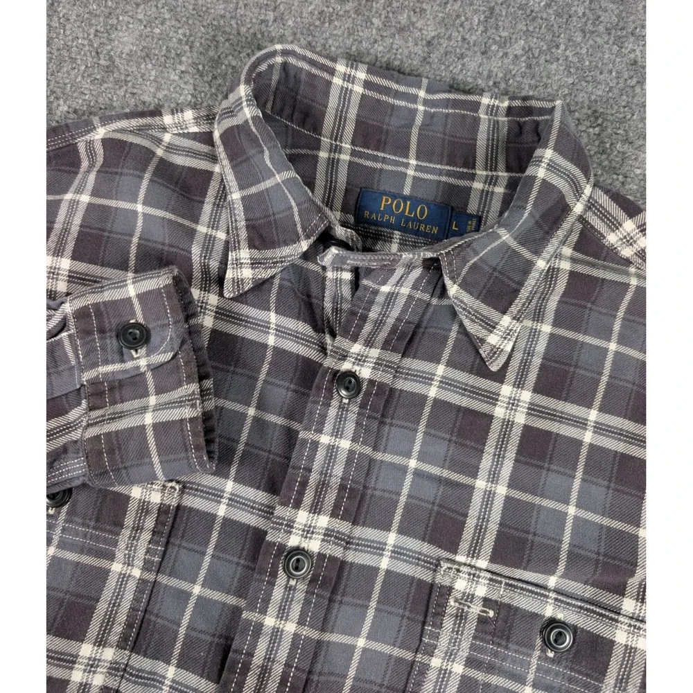Polo Ralph Lauren Work Shirt Mens‎ Large Gray Plaid Pockets Throat Latch